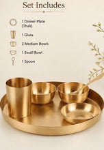 Load image into Gallery viewer, Kansa Dinner Set 6-Piece | Diwali Gift Set | Matte Finish Bronze Thali Set | 11.5" Plate, 2 Bowls, Glass, Sweet Dish Bowl &amp; Spoon
