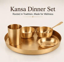 Load image into Gallery viewer, Kansa Dinner Set 6-Piece | Diwali Gift Set | Matte Finish Bronze Thali Set | 11.5" Plate, 2 Bowls, Glass, Sweet Dish Bowl &amp; Spoon
