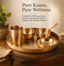 Load image into Gallery viewer, Kansa Dinner Set 6-Piece | Diwali Gift Set | Matte Finish Bronze Thali Set | 11.5" Plate, 2 Bowls, Glass, Sweet Dish Bowl &amp; Spoon

