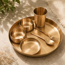 Load image into Gallery viewer, Kansa Dinner Set 6-Piece | Diwali Gift Set | Matte Finish Bronze Thali Set | 11.5" Plate, 2 Bowls, Glass, Sweet Dish Bowl &amp; Spoon
