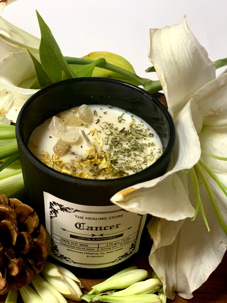 Cancer Zodiac Candle  | Soy Wax | 170gms | With Rare Herbs, Crystals & Essential Oils | Burning Hours 40-45 |