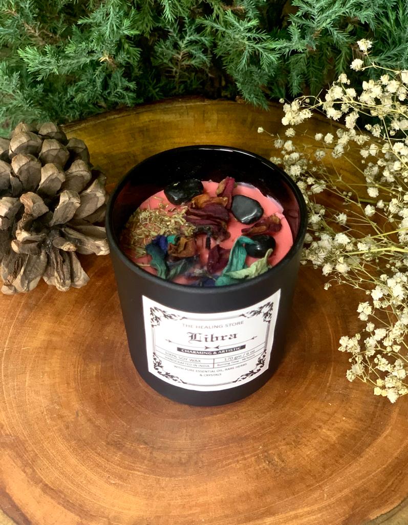 Libra Zodiac Candle  | Soy Wax | 170gms | With Rare Herbs, Crystals & Essential Oils | Burning Hours 40-45 |