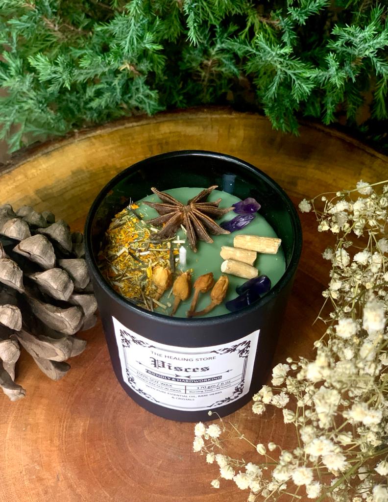 Pisces Zodiac Candle  | Soy Wax | 170gms | With Rare Herbs, Crystals & Essential Oils | Burning Hours 40-45 |