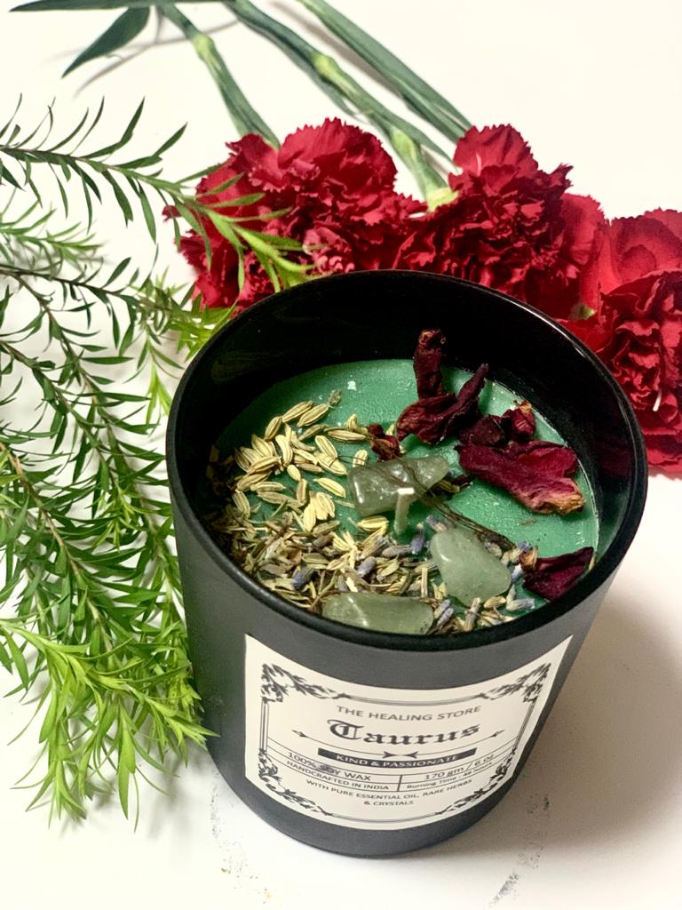 Taurus Zodiac Candle  | Soy Wax | 170gms | With Rare Herbs, Crystals & Essential Oils | Burning Hours 40-45 |